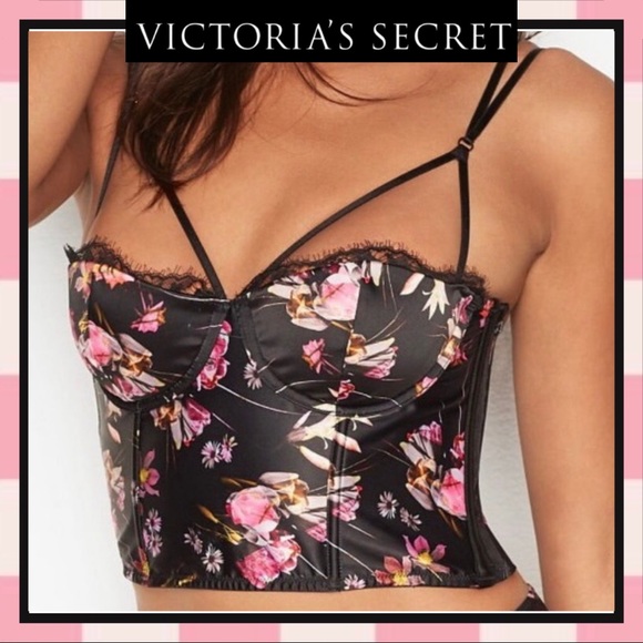 NWOT Victoria’s Secret 36C Lightly Lined Balconet Bustier Multi Flowers on Black - Picture 1 of 8